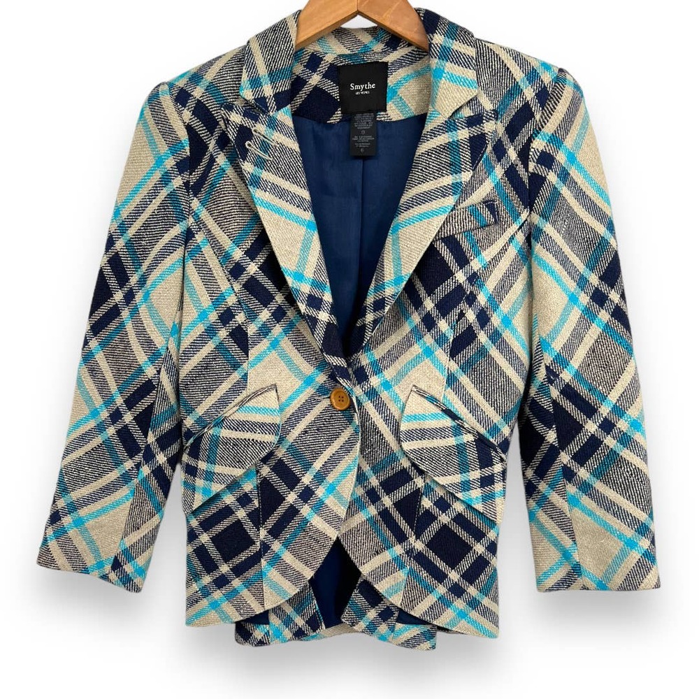 Smythe Plaid Blazer in Navy, Teal & Cream with Leather Elbow Patches - Picture 3 of 15
